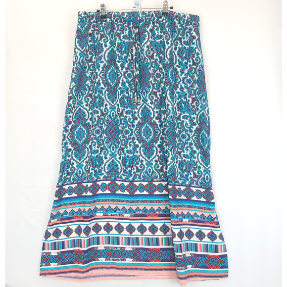 Faded Glory Maxi Skirt Paisley Pull On Women XXL Multicolor Teal Drawstring - Picture 1 of 10